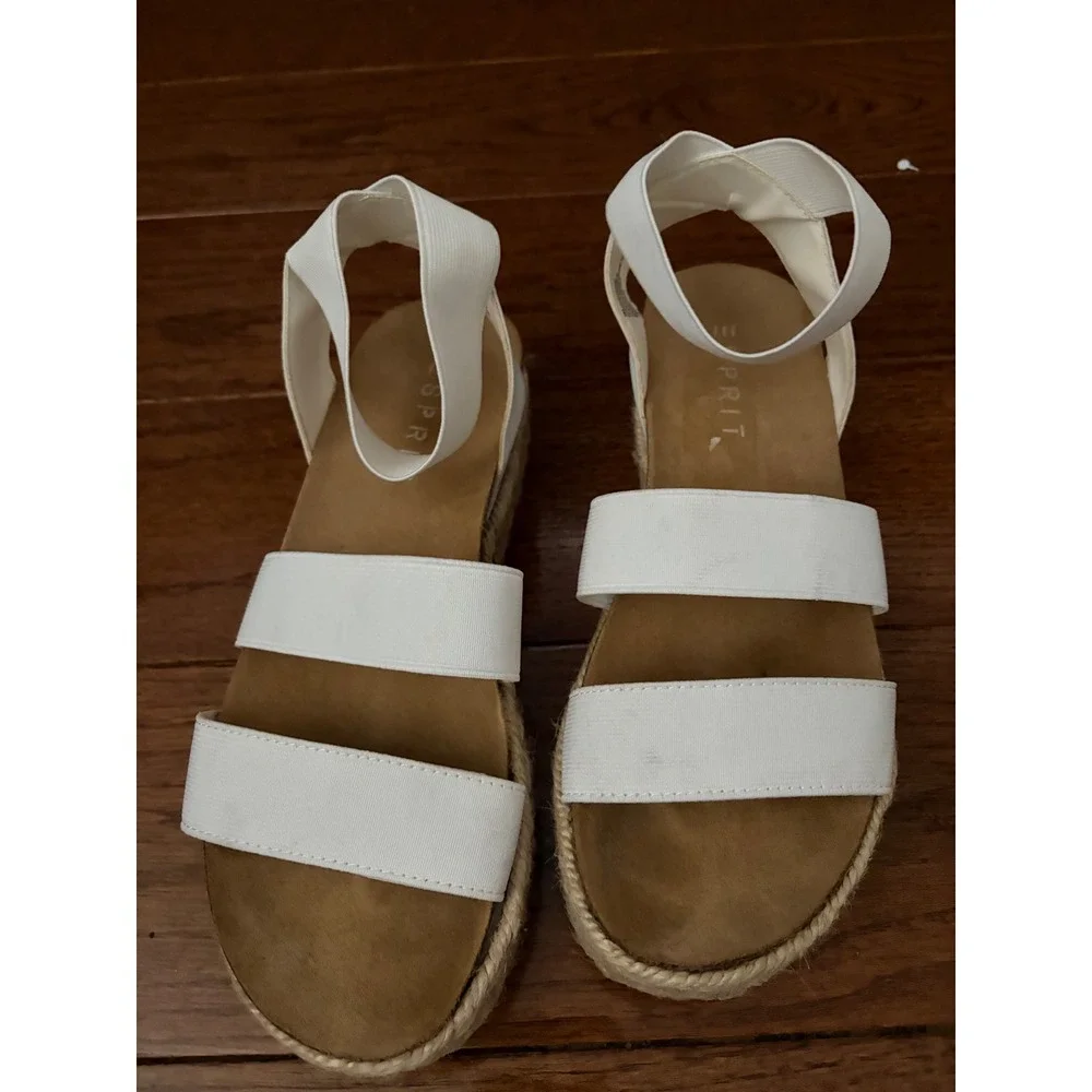 Esprit White Elastic Triple Strap‎ Platform Espadrille Sandals Womens 7M